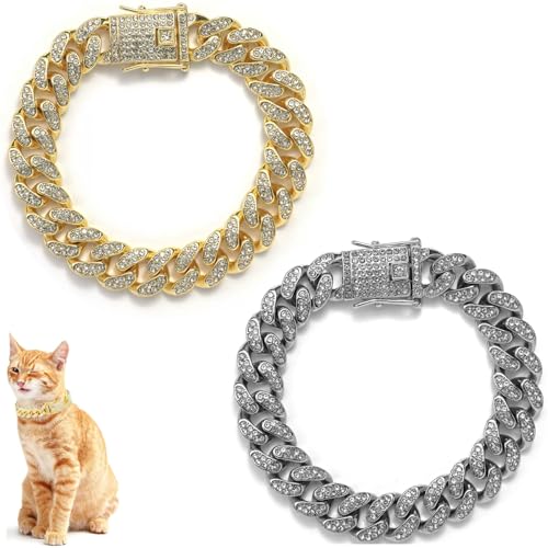 Cat Chain Collar 2 Pcs Diamond Cuban Link Kitten Walking Collar with Secure Buckle Pet Rhinestones Necklace Metal Chain Jewelry Accessories for Cats Dogs Kittens Puppies 8inch Gold and Slivery