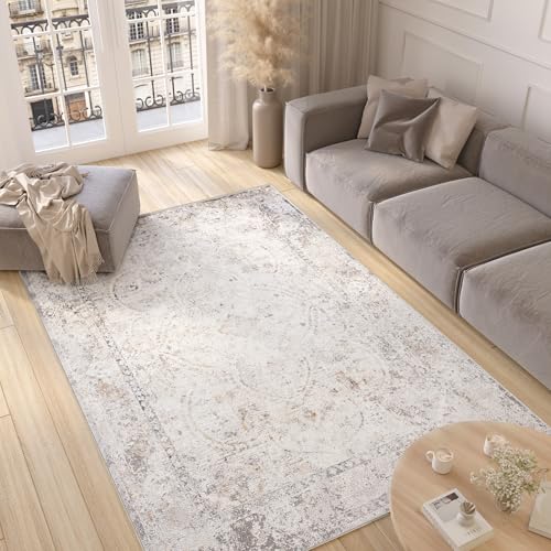 TAPISO Valley Teppich Kurzflor Vintage Creme Weiß Grau Dunkelgrau Rahmen Design Used Effekt Meliert Verwischt Wohnzimmer Schlafzimmer ÖKO-TEX 160 x 220 cm