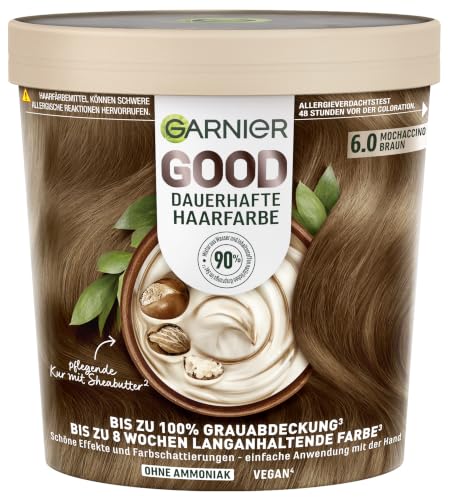 Garnier GOOD Dauerhafte Haarfarbe 6.0 Mochaccino Braun permanente Coloration ohne Ammoniak bis zu 100% Grauabdeckung bis 8 Wochen langanhaltende Farbe einfache Anwendung angenehmer Duft 1 Stk.