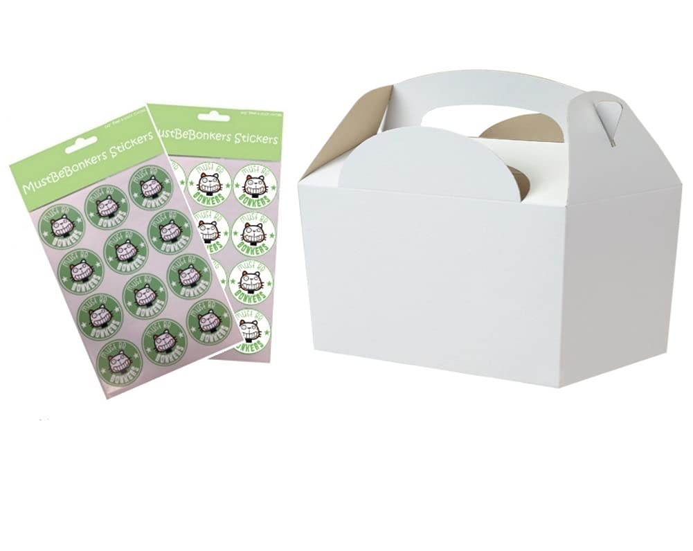 MustBeBonkers 30 Childrens/Kids Plain Coloured Carry Food Meal Birthday Party Box Loot Bag Boxes - Size: 152mm x 100mm x 102mm Sticker Seals (White) โ image 1