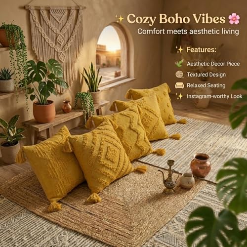 Image of SILK & YANA 16x16 Cotton Cushion Covers Set of 5 | Hand-Tufted Decorative Throw Pillow Covers with Boho, Geometric & Textured Designs | Tassel-Trimmed Covers for Sofa (Mustard Yellow)