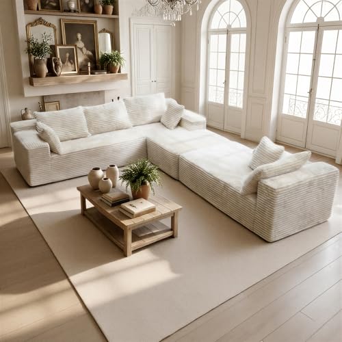 132'' Boneless Couches for Living Room, Oversized V-Shaped 6-Seat Faux Fur Convertible Modular Sectional Cloud Sofa, 4-in-1 Flexible Combination Deep Seat Corner Large Couch, No Assembly Beige