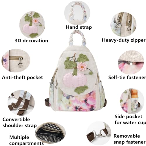 Image of Women's Cotton Hemp Cloth Backpack(Pumpkin) | Boho Vintage, Embroidered, Casual Purse Handbag, Messenger Bag, Butterfly