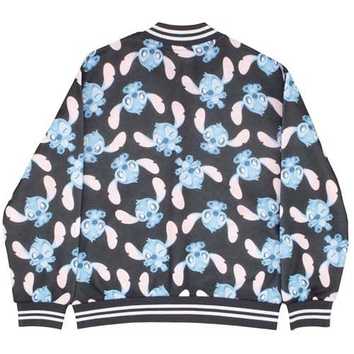 Image of Disney Lilo & Stitch Girl's Zip-Up Varsity Bomber Jacket - Casual Lightweight Coat with Stitch Graphic Print for Kids