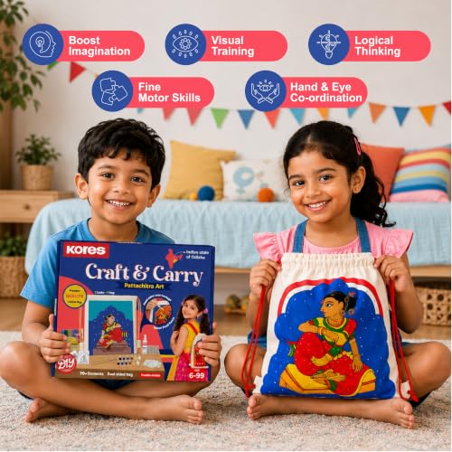 Image of Kores Craft & Carry Pattachitra Art Kit for Kids | DIY Indian Art Canvas Bag Painting Kit | Dual-Sided Drawstring Bag | Acrylic Colours, Sketch Pens, Fabric Glue, Beads, Brushes & Manual | Age 6-99