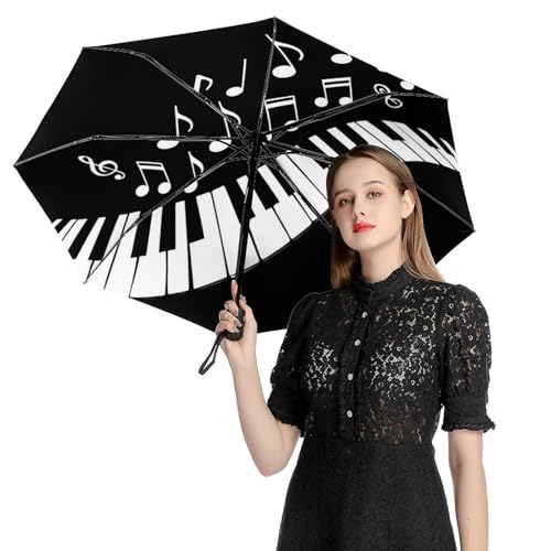 Meaudiwes Fashion Windproof Folding Travel Umbrella Unisex Compact Automatic Open Close Piano Keys with Musical Notes Black And White