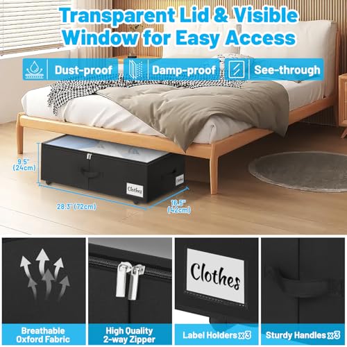 Image of Under Bed Storage with Wheels, 3-Pack 10 inch Height XXL 75L Rolling Storage Bins, Quick Assembly Underbed Shoe Storage Containers with Clear Lid & Label, Dorm Under Bed Drawers for Clothes, Shoes, Black