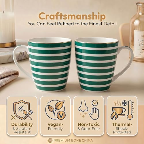 Image of UPC Milk Mug Set of 2 | Classic Emerald Green & White Bold Horizontal Stripe | Coffee Tea Ceramic Mug for Home Office & Gifting