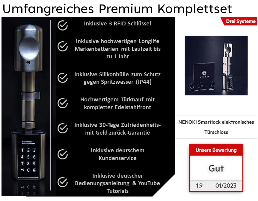 NENOKI elektronisches Türschloss mit PIN Code, RFID Transponder & Bluetooth App Steuerung...