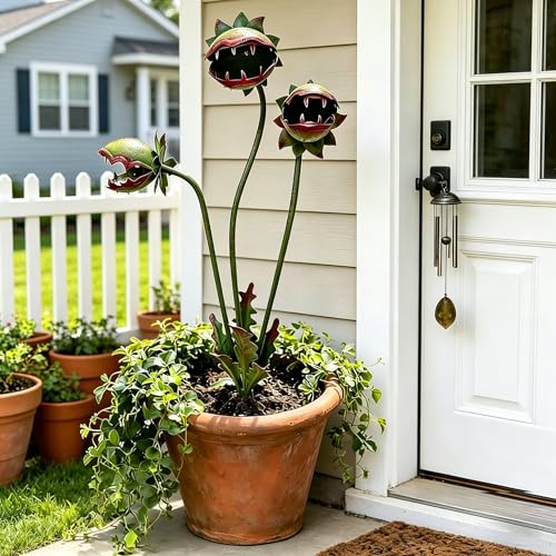 Whimsical Metal Carnivorous Plant Garden Stake 25 Inch Large Venus Flytrap Monster Plant Sculpture Durable Yard Art Decor for Outdoor Patios Lawn Planters Flower Beds Unique Quirky Garden Gift