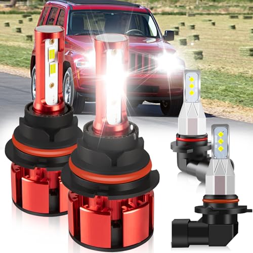 LTZXAP For Jeep Liberty 2002 2003 2004 2005 2006 2007 Light Bulbs, 600% Brightness Hi and Lo Beam+Fog Light Bulbs, 6500K Cool White, 36000LM Super Bright,1:1 Size, IP68 Waterproof, 4PCS