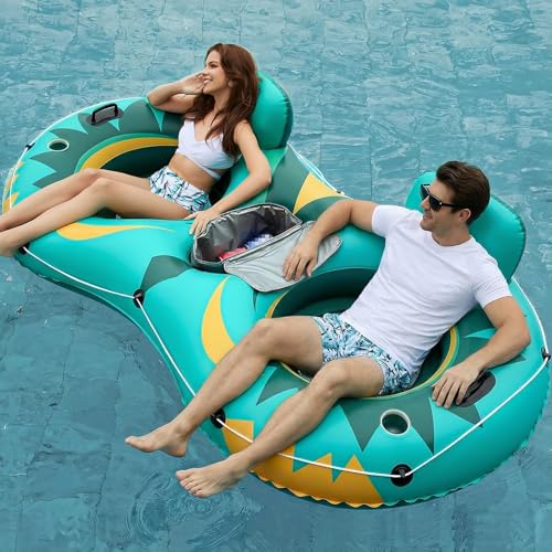 Image of Jasonwell Inflatable River Tube Float - 2 Person Heavy Duty River Float Pool Floats with Removable Cooler Lake Water Tubes for Floating River Raft Lounge Floatie with 2 Cup Holders for Adults (Green)