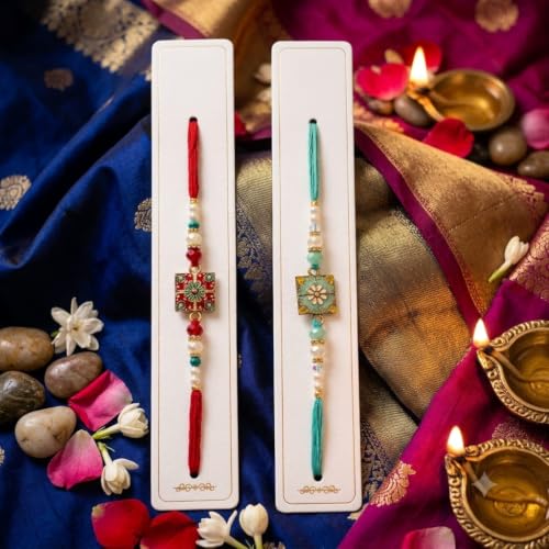 Image of Meenakari Rakhi Set of 2 with Pearl Beads, Red and Teal For Bhaiya