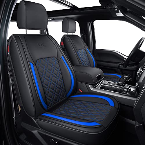 Image of LUCKYMAN CLUB F150 Front-only Seat Covers J03-Q3 with Waterproof Faux Leather, Fit 2015-2025 Ford F150 and 2017-2025 F250 F350 F450 (Front only, Black-Blue)