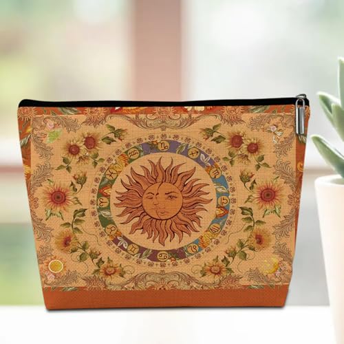 Sun and Moon Hippie Makeup Bag Travel Pouch, Tarot Aesthetic Cosmetic Bag Toiletry Bag, Christmas Thanksgiving Birthday Sunflower Gifts for Women Girls Friends Daughter Coworker Mom, Makeup Pouch