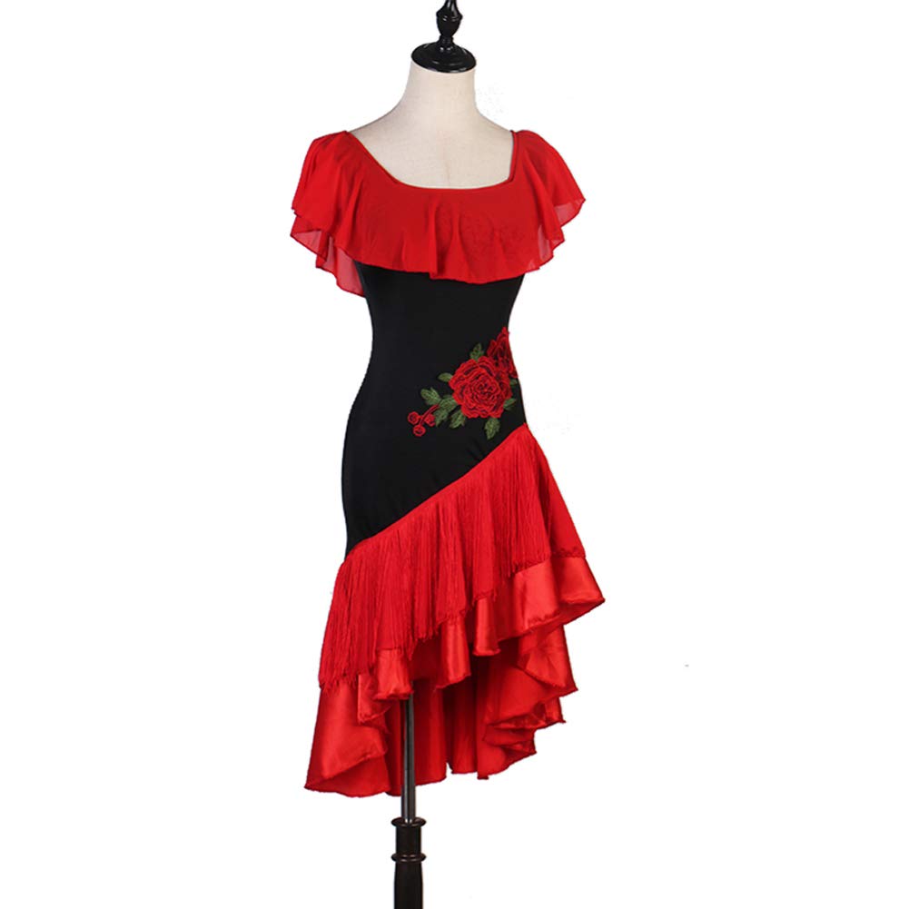Women Flower Pattern Practice Dance Wear Samba Costume Sexy Party Dresses Stretchy One-Piece Latin Dance Dress(Red,L)