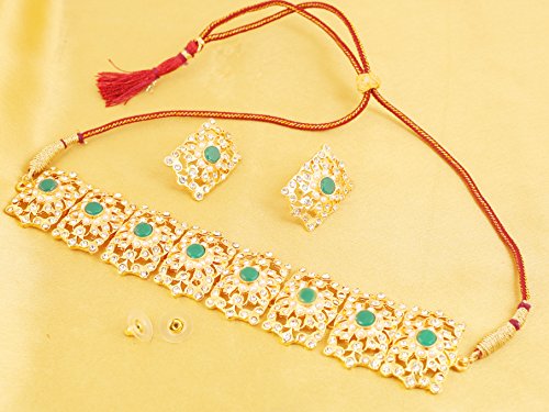 Image of Touchstone Mughal Jali Collection Gold Tone Indian Mughal Bollywood White Diamante Jewelry Choker Set for Women