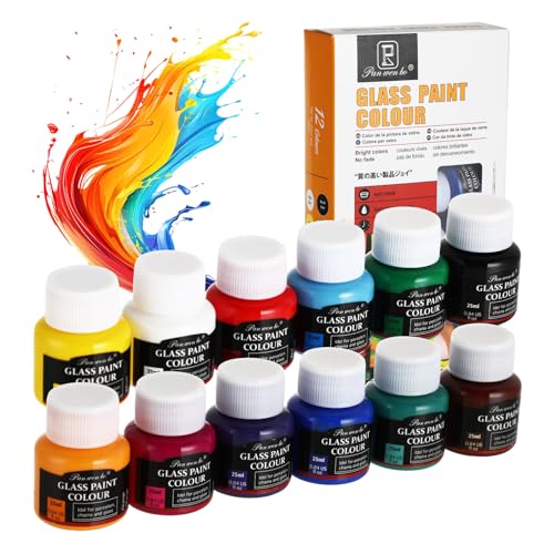 Kievano Juego de pintura para vidrios de 12 x 25 ml – Juego de vidrieras para vidrio, porcelana, cerámica y plástico | Pintura para vidrieras a base de agua | con 1 pincel fino