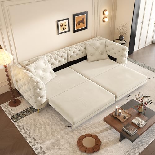 Image of KEIKI 97.7 inch Convertible Sleeper Sofa Bed, 3 in 1 Pull Out Sofa Bed, Button Tufted Modern Sofa, 4-Seater Couch with Movable Ottoman for Living Room, Bedroom, Apartment, Beige