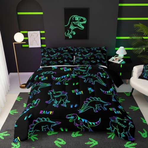Image of QOOMO Jurassic Dinosaur Kids Bedding Set, Black, Twin Size