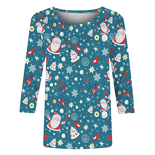 Moletons femininos de Natal com estampa de Natal, gola redonda, manga três quartos, camisetas estamp