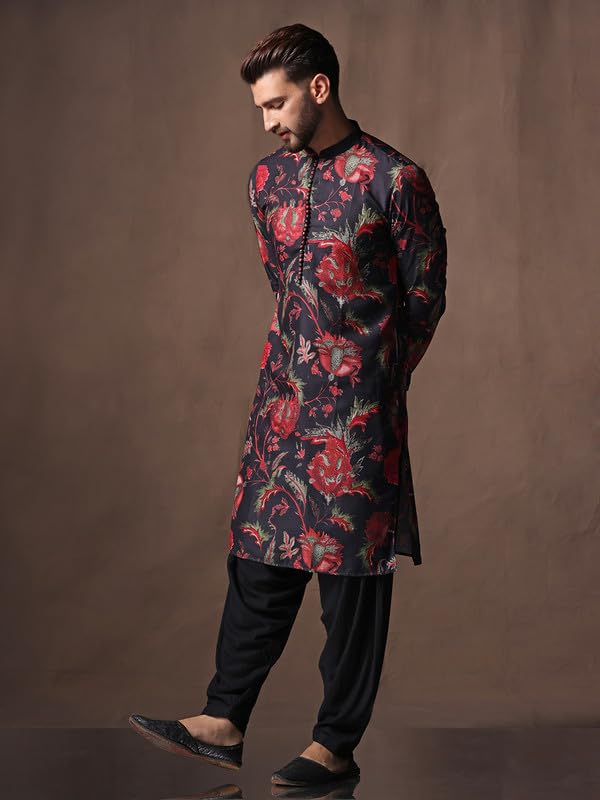 Kisah Men's Kurta Patiala Set, Black Cotton Blend, Ethnic Motifs Mandarin Collar Regular Fit Long Sleeves (L)