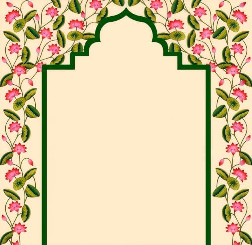 Image of Background Decoration Cloth | Pichwai Inspired Blooming Pink Lotus and Temple Arch Backdrop | Lakshmi Backdrop Cloth for Decoration Pooja 5x5 Feet