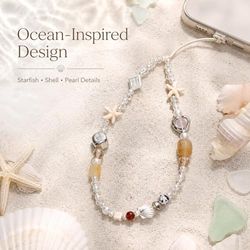 Beaded Phone Charm Strap with Shell and Starfish, Aesthetic Pearl Wrist Lanyard for Phone Case, Camera, Bag or Keychain, Cute Beach Vibes Accessory for Women & Girls - 5