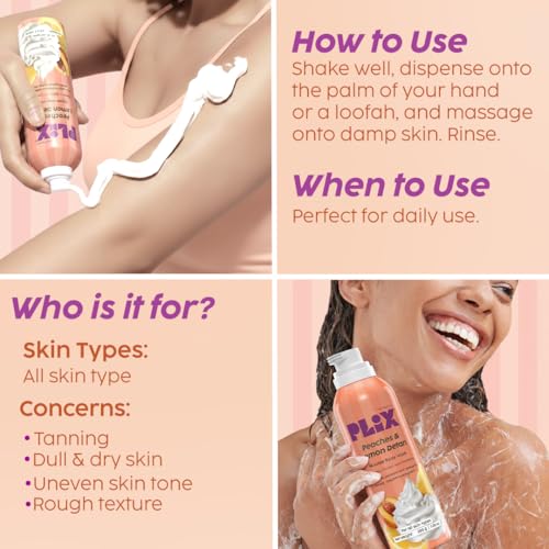 Image of Plix Peaches & Lemon De-Tan Mousse Body Wash | Glycolic Acid & Ceramides | Hydrating Mousse Body Wash with Fruit Extracts | Smooth, Bright Skin