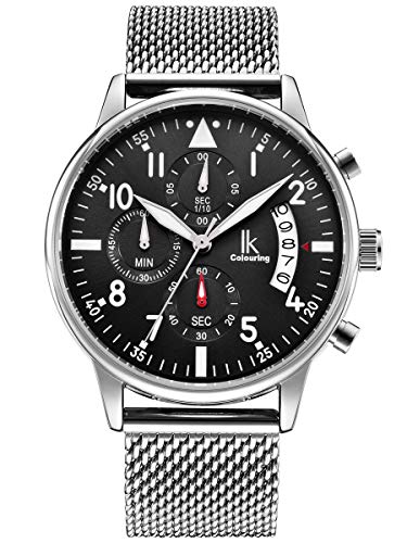 Alienwork Armbanduhr Herren Damen Silber Metall Mesh Armband Edelstahl Kalender Datum schwarz Cover