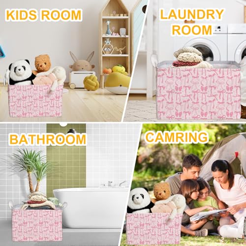 Image of Pink Bow Foldable Storage Bins, Waterproof Toy and Clothes Organizer for Nursery Room, Pink Cute Decorative Fabric Basket for Girls Bedroom, Foldable Gift Box for Game Room, Bow Party Decor