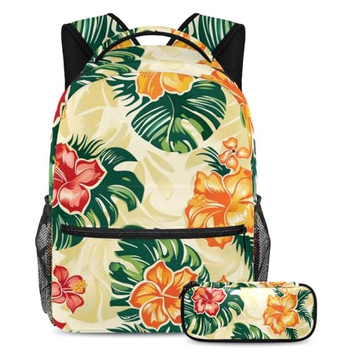 Sac à dos pour adolescents résistant avec trousse motif fleurs tropicales