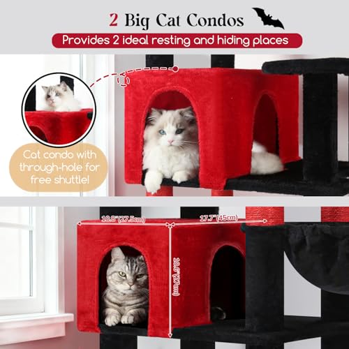 Image of Globlazer Extra Large Gothic Cat Tree Tower, 82in Tall Goth Heavy Duty Cat Tree for Indoor Cats Large Adult Big Cat Tower with 8 Scratching Posts, 2 Condos, 2 Perches, 3 Basket Beds, S82, Red Black