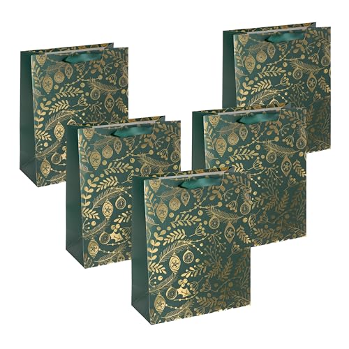 Sigel GT118/5 große Premium Geschenktüten aus Papier, 5er Set, gold/grün, mit Seidenbandgriffen, 26 x 33 x 12 cm, Golden ornaments on green, Papier-Geschenktaschen Weihnachten