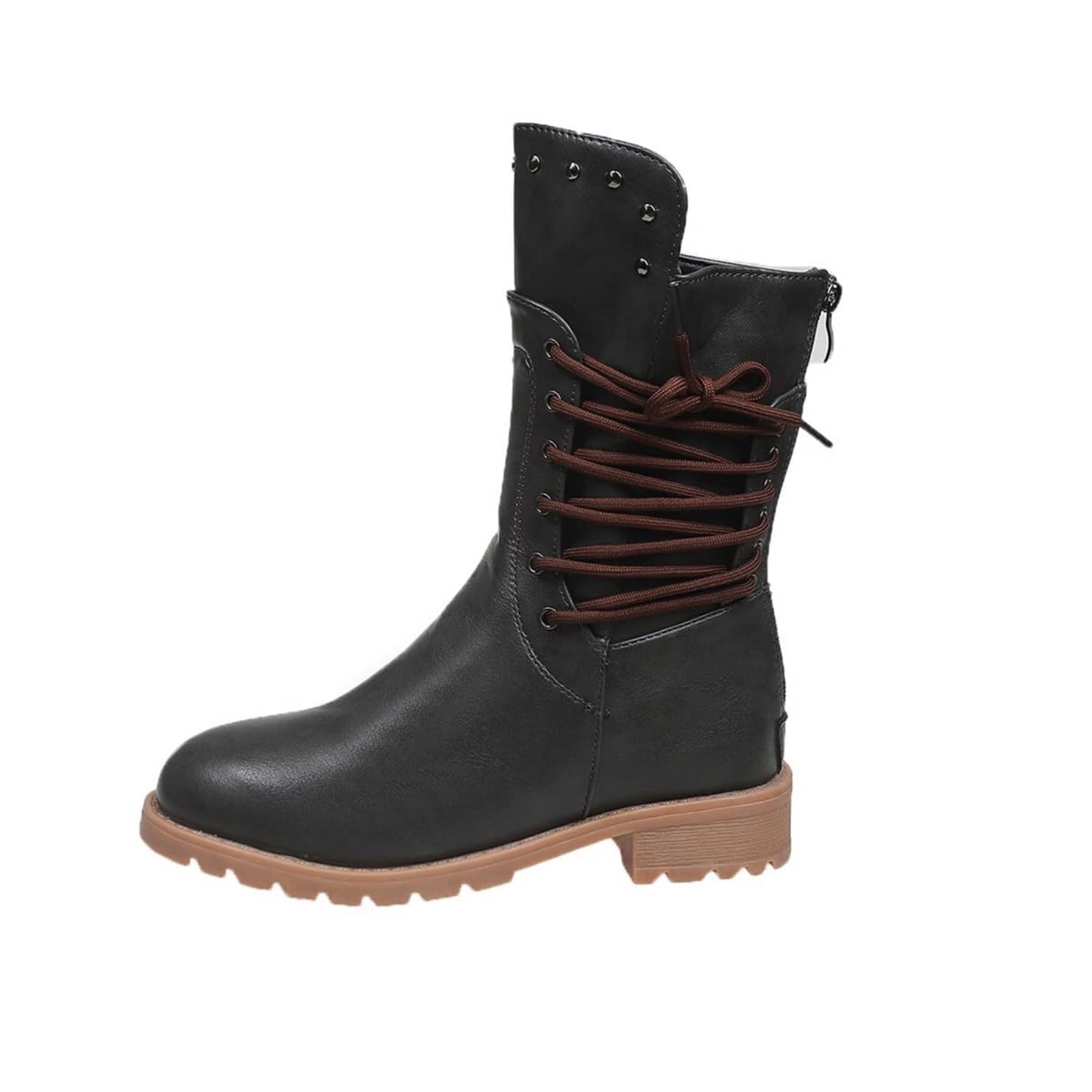 Womens Mid Calf Boots Lace up Combat Boots Back Zipper Riding Motorcycle Leather Long Booties Low Heel Gothic