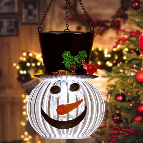 Lanterne solaire bonhomme de neige de Noël à suspendre en métal étanche 40cm