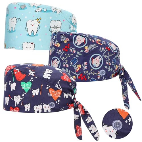 3 Stück OP Haube Verstellbar mit Knopf Arbeitskappe Baumwolldruck Kranken Schwesternkappe Unisex Staubhauben Kappe（Cartoon Zähne Stil）