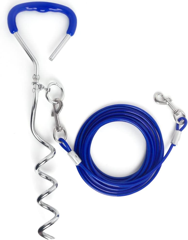 Dog Tie Out Cable and Stake, 10/16/32ft Dog Chain Tether for Outside, Yard and Camping, Heavy Duty Anti Rust Spiral Stake, Dog Runner…