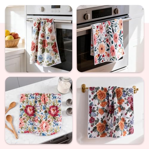 4 Pack Floral Kitchen Towels - Super Absorbent 400GSM Microfiber Dish Towels for Drying Dishes - Decorative Spring Hand Towels for Kitchen & Bathroom, Pioneer Woman Country Style Wildflower Decor - Thumbnail 5