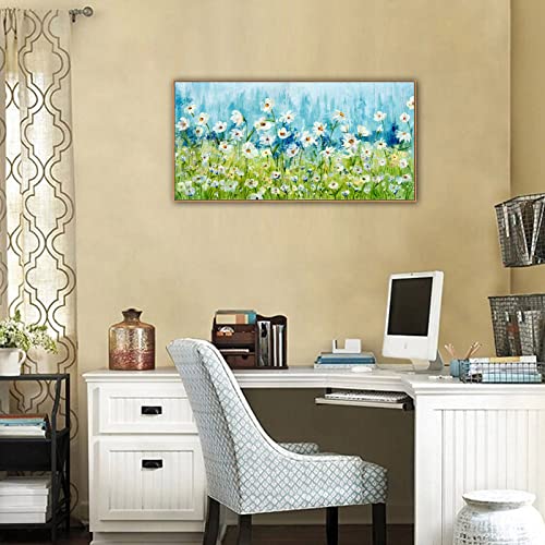 Framed Wall Art Wildflowers Canvas Pictures Living Room Wall Decor Abstract White Daisy Floral Canvas Prints Spring Landscape Painting Green Grass Artwork For Bedroom Kitchen Home Office Decor 20"X40" #TOP4
