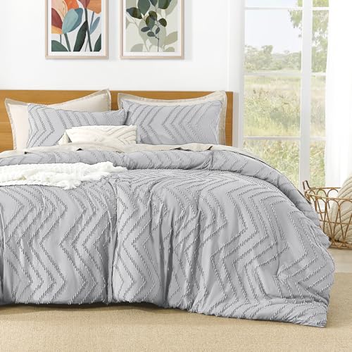 Image of Litanika Boho Queen Comforter Set, 3 Pcs Light Grey Lightweight Bedding Set