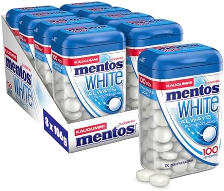 Mentos Kaugummi Always White, 8 XL-Dosen zuckerfreie Chewing Gum Dragees à 100 Stück mit Pfefferminz-Geschmack für strahlendes Lächeln (8 x 100 Stück)