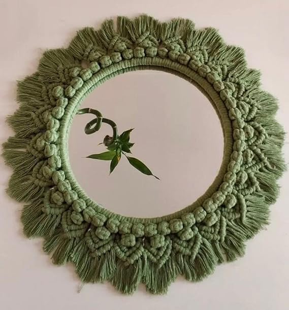 Metal | Macrame Mirror Wall Hanging Decor Round Art Mounted Decorative Rustic Mirror for Makeup Bathroom Bedroom Entryway, Fringe, Style-M203-OG, Round (Art Deco)