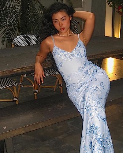 Image of ABINGOO Women Vintage Spaghetti Strap Maxi Dress Sexy Low Cut Backless Floral Satin Slip Long Dress Y2k Cami Bodycon Dresses