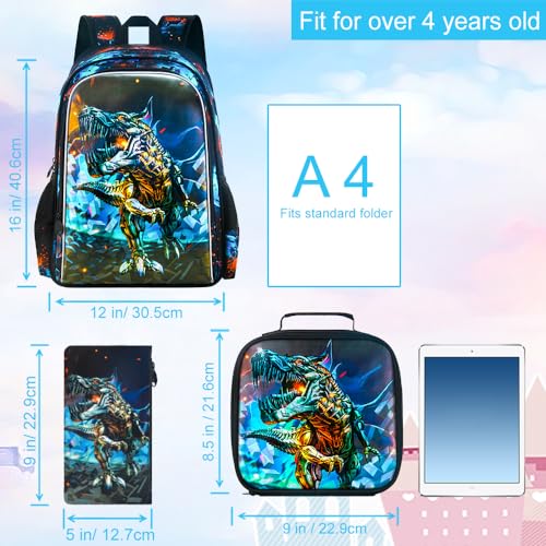 Image of 3PCS Dinosaur Backpack for Boys, 16 Inch Kids Water Resistant Preschool Elementary Kindergarten Bookbags and Lunch Box | Kids