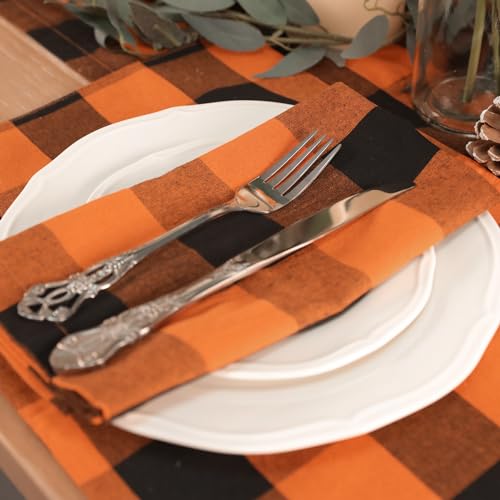 Image of Halloween Cloth Napkins Set of 12, Orange and Black, 18 x 18 Inch, Buffalo Plaid Table Napkins, Washable Reusable Dinner Napkins for Restaurant, Family Dining, Indoor & Outdoor Party Table Decor