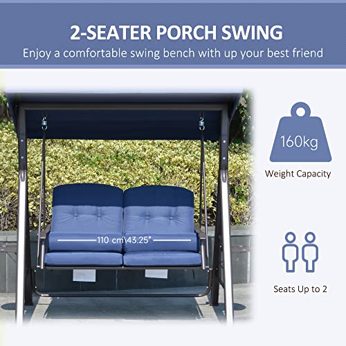 Image of Outsunny 2-Person Patio Swing Bench with Adjustable Shade Canopy, Soft Cushions, Throw Pillows and Tray, Dark Blue