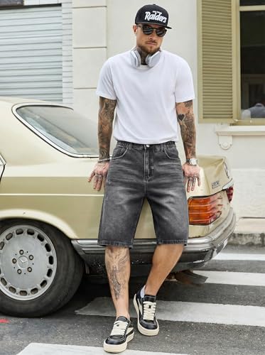 Image of PLEPAN Mens Super Baggy Jean Shorts 12 inch Vintage Loose Fit Wide Leg Long Jorts Y2K Streetwear Below Knee Denim Shorts