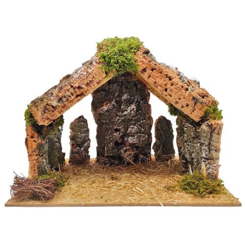 Acan Tradineur - Cueva/Portal de belén de Corcho, Pesebre con Techo Triangular y Musgo para Nacimiento, Figura de Navidad, Adorno, decoración Tradicional - 30 x 20 x 23 cm