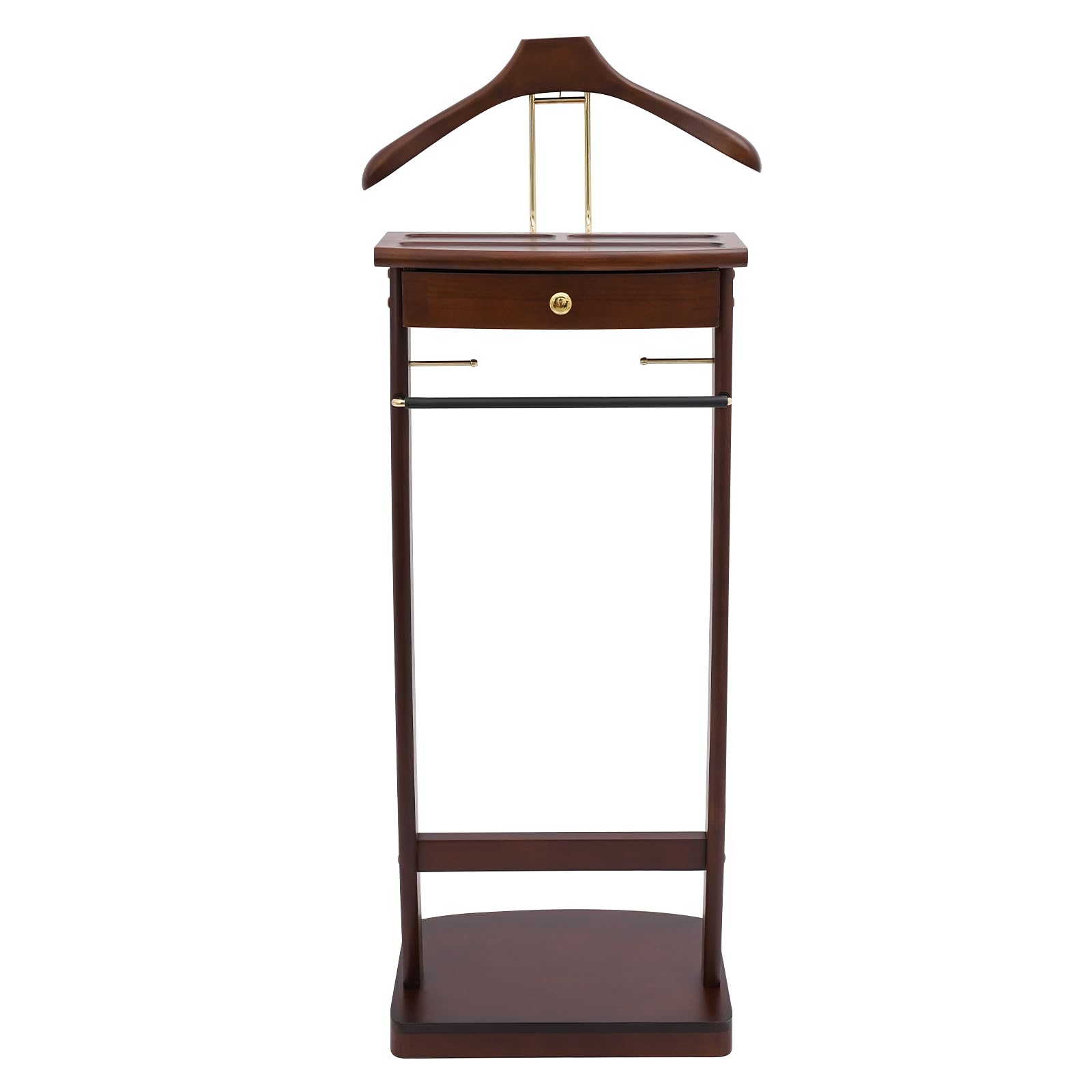 Suit Valet Stand for Men and Women, Wood Suit Stands Butler Clothing Rack, Floor Standing Clothes Valet with Drawer, Top Tray, Contour Hanger, Trouser Bar, Belt Hooks &amp; Shoe Rack (Walnut Color)